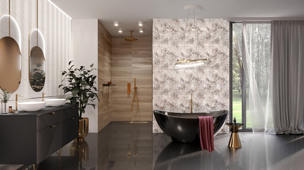#Koupelna #dřevo #Naturální styl #béžová #bílá #Velký formát #Lesklý obklad #700 - 1000 Kč/m2